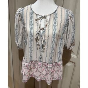 CeCe Floral Striped Tie Neck Blouse Top Women's Size‎ L Pink Blue Short Sleeve